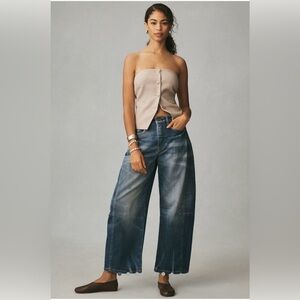 Pilcro Mid-rise Barrel Leg Jeans in Faded Blue Denim